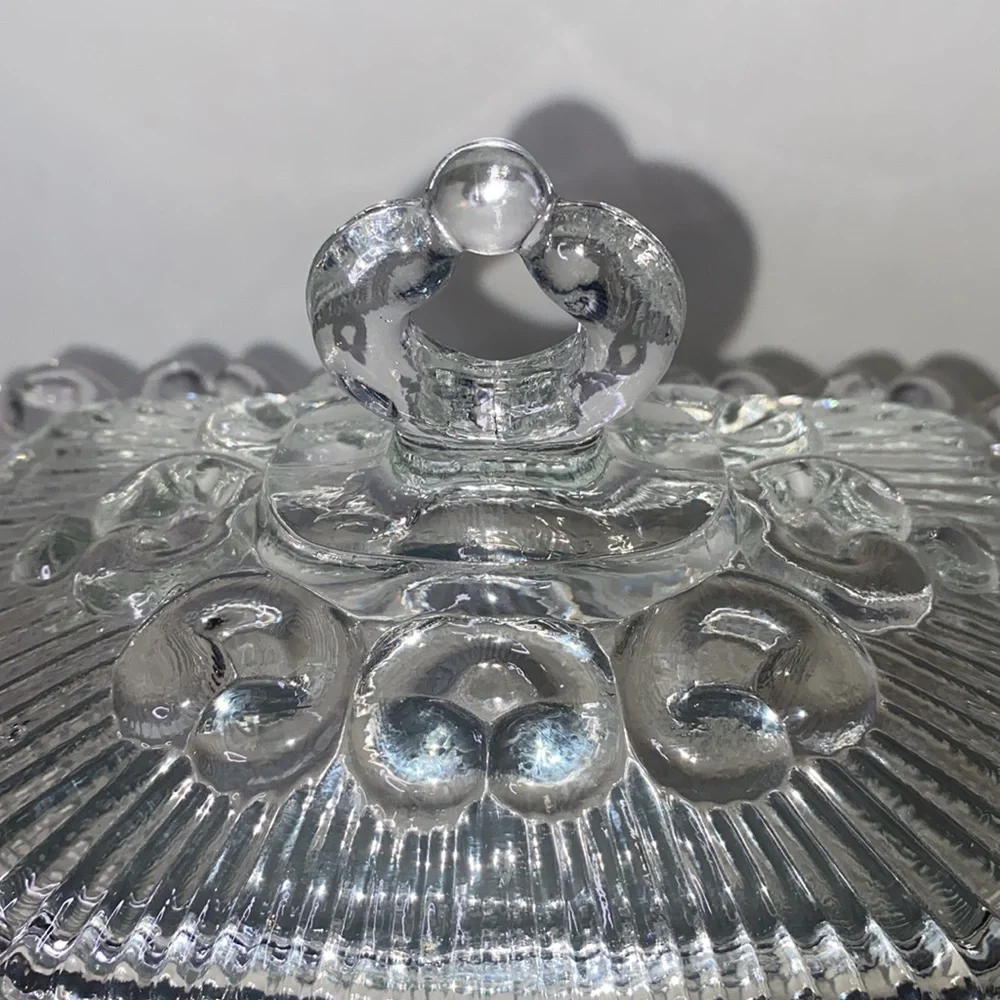 Vintage Indiana Glass Clear Lace Edge Pedestal Candy Bowl with Lid